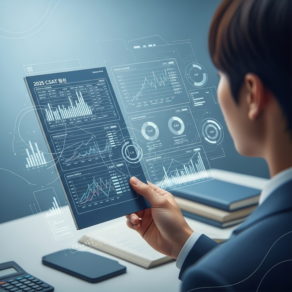 2025학년도 수능 성적표를 들고 점수를 심각하게 분석하는 학생의 손, 복잡한 그래프와 숫자들이 디지털로 시각화되어 있다.