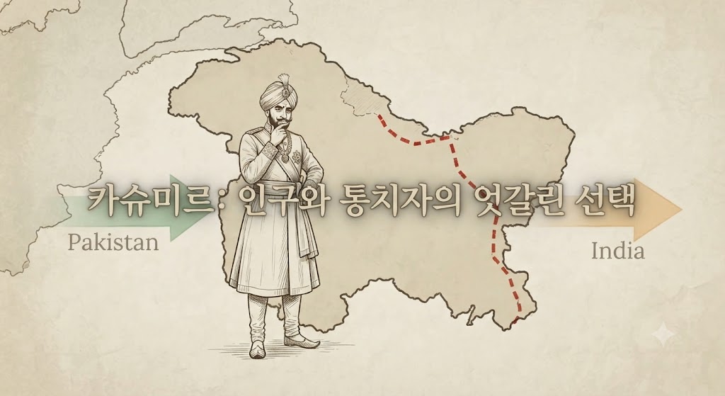 1947년 당시 번왕국이었던 카슈미르가 인도와 파키스탄 사이에서 갈등하는 상황을 시각화했습니다. 인구 구성(무슬림 다수)과 통치자(힌두교 마하라자)의 선택이 불일치했던 역사적 딜레마를, 고민에 잠긴 실루엣과 그를 둘러싼 국경선 퍼즐 조각으로 표현했습니다.