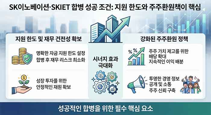 SK이노베이션·SKIET 합병 성공 조건 인포그래픽.