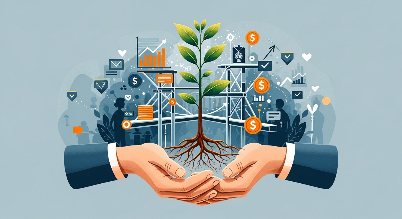 손이 새싹을 키우는 모습으로 사회적 기업의 성장과 지원 네트워크를 상징하는 일러스트. 공동체와 가치 창출을 의미.