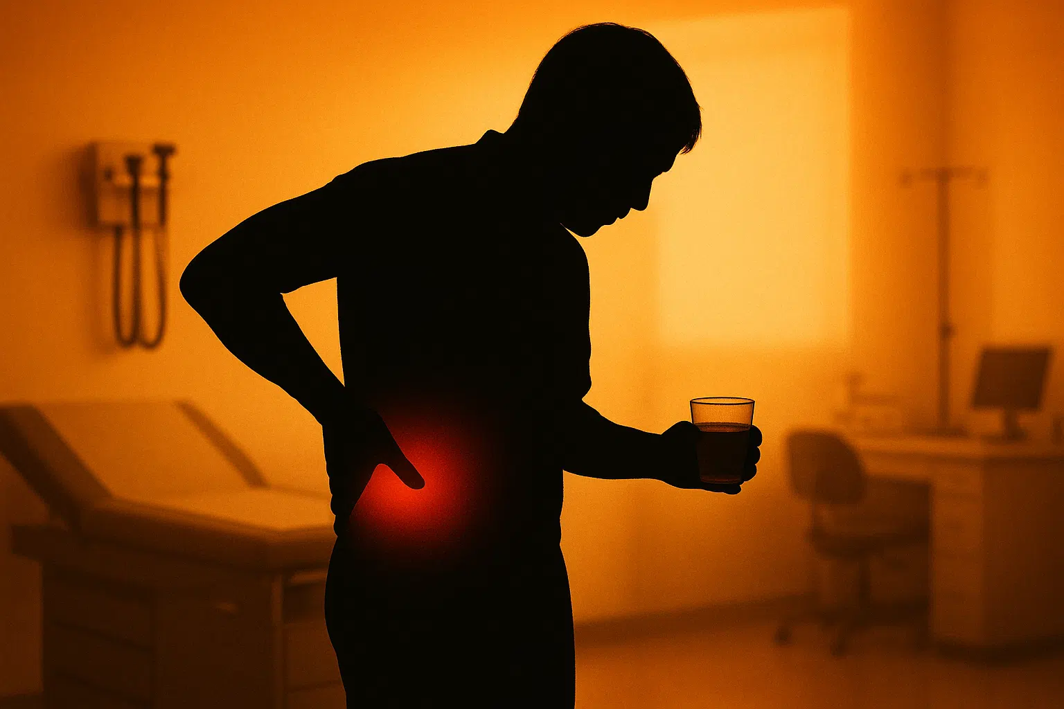 붉은 소변과 옆구리 통증을 호소하는 사람의 실루엣