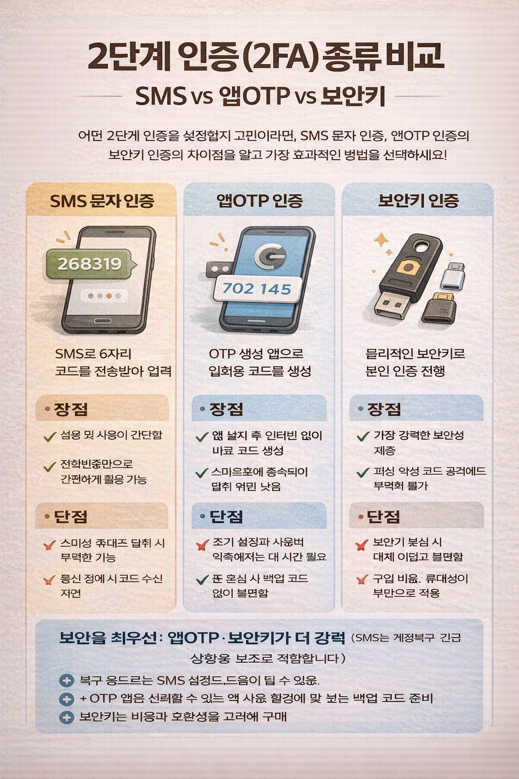 2단계 인증(2FA) 종류 비교: SMS vs 앱OTP vs 보안키