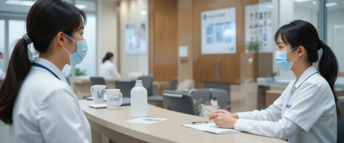 병원 접수 데스크에서 상담 중인 간호사