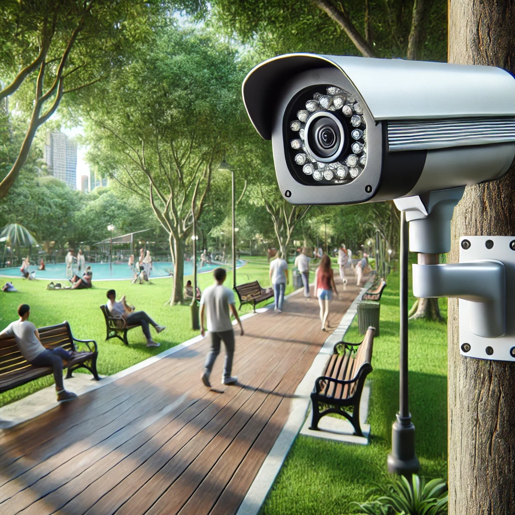 공원 산책로와 벤치를 모니터링하는 내구성 있는 야외 AI 기반 보안 카메라&amp;#44; 적외선 야간 시야 기능 포함&amp;#44; 녹음이 무성한 공원과 여가를 즐기는 사람들이 배경에 나타남