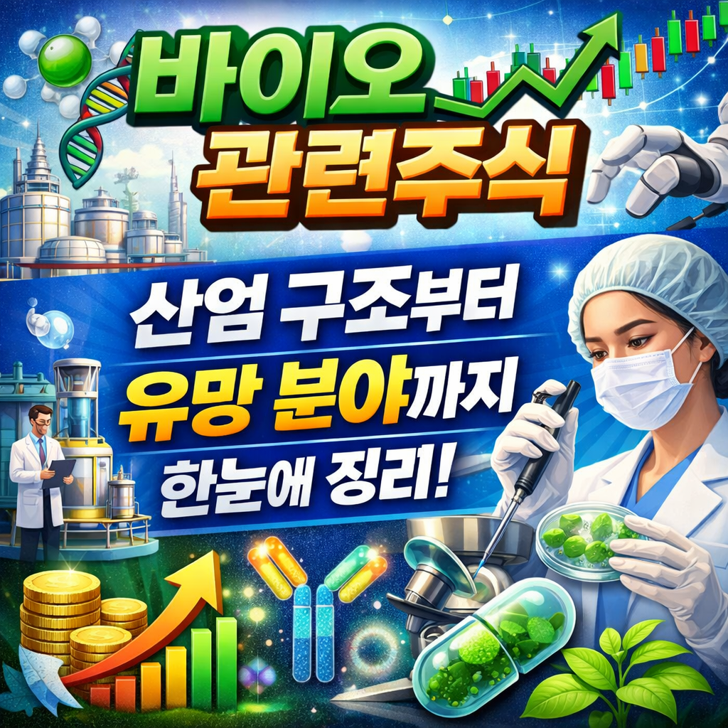 바이오관련주식은 바이오 기술을 기반으로 의약품, 의료기기, 진단, 바이오소재 등을 연구·개발·생산하는 기업의 주식을 의미합니다. 일반 제조업과 달리 연구개발(R&D) 비중이 매우 높고, 임상 결과나 허가 여부에 따라 기업 가치가 크게 변동하는 특징이 있습니다. 최근에는 고령화, 만성질환 증가, 정밀의료 확산 등 구조적인 수요 증가로 인해 중장기 성장 산업으로 평가받고 있습니다. 특히 신약 개발, 유전자 치료, 백신, 세포치료제 분야가 주목받으면서 국내외 증시에서 바이오 섹터의 비중도 점차 확대되고 있습니다. 투자 시에는 단기 이슈보다 기술력과 파이프라인의 지속성을 중심으로 접근하는 것이 중요합니다.
바이오 산업의 성장 배경과 시장 전망
바이오 산업은 단순한 테마가 아니라 사회 구조 변화에 기반한 필수 산업으로 자리 잡고 있습니다. 고령 인구 증가로 의료 수요가 꾸준히 늘어나고 있으며, 기존 치료법의 한계를 극복하기 위한 신약·신기술 개발이 활발히 진행되고 있습니다. 여기에 각국 정부의 보건 예산 확대와 규제 완화 정책도 성장 동력으로 작용합니다. 글로벌 바이오 시장 규모와 트렌드는 글로벌 리서치 기관과 산업 통계를 제공하는 공식 사이트에서 확인하실 수 있습니다. 예를 들어 글로벌 시장 자료는 https://www.statista.com 에서 확인 가능하며, 국내 바이오 정책과 산업 동향은 산업통상자원부 공식 사이트 https://www.motie.go.kr 를 참고하시면 도움이 됩니다. 이러한 외부 자료를 함께 확인하면 산업의 방향성을 보다 객관적으로 이해할 수 있습니다.
바이오관련주식 주요 세부 분야 정리
바이오관련주식은 하나의 산업처럼 보이지만, 실제로는 여러 세부 분야로 나뉩니다. 신약 개발 바이오 기업, 바이오시밀러 기업, 의료기기 및 진단 기업, 위탁생산(CDMO) 기업 등이 대표적입니다. 신약 개발 기업은 높은 성장성을 기대할 수 있지만 임상 실패 리스크가 큽니다. 반면 바이오시밀러와 CDMO 기업은 비교적 안정적인 매출 구조를 갖추고 있어 변동성이 낮은 편입니다. 투자 성향에 따라 고위험·고수익 또는 안정형 전략을 선택할 수 있다는 점이 바이오관련주식의 특징입니다.
! 핵심 포인트: 바이오주는 하나의 기준이 아니라 세부 업종별로 나누어 접근해야 합니다.
바이오관련주식 투자 시 꼭 확인할 체크포인트
바이오관련주식에 투자할 때는 일반 재무 지표만으로 판단하기 어렵습니다. 임상 단계, 파이프라인 수, 기술 이전(L/O) 여부, 현금 보유량을 반드시 확인해야 합니다. 특히 임상 1상, 2상, 3상 단계에 따라 성공 확률과 주가 반응이 크게 달라집니다. 또한 향후 연구개발을 지속할 수 있는 자금 여력이 있는지도 중요합니다. 관련 공시와 재무 정보는 전자공시시스템 https://dart.fss.or.kr 에서 확인하실 수 있으며, 기업별 임상 현황은 각 회사 IR 자료나 공시를 통해 확인하시는 것이 좋습니다.
! 필수 확인: 임상 단계와 향후 일정
! 주의 사항: 단기 뉴스에 따른 급등·급락 추격 매수는 피하시는 것이 좋습니다.
바이오관련주식 투자 전략과 접근 방법
바이오관련주식은 단기 트레이딩보다는 분산 투자와 중장기 관점이 유리한 경우가 많습니다. 하나의 기업에 집중하기보다는 서로 다른 세부 분야의 바이오 기업을 나누어 담는 전략이 리스크 관리에 도움이 됩니다. 또한 임상 일정, 학회 발표, 기술 이전 계약 등 주요 이벤트 전후로 변동성이 커지므로 일정 관리가 중요합니다. 장기 투자자라면 실적 기반의 바이오시밀러·CDMO 기업과 성장형 신약 개발 기업을 적절히 조합하는 방식이 안정성과 성장성을 동시에 고려한 전략이 될 수 있습니다.
바이오관련주식 FAQ 정리
Q. 바이오관련주식은 왜 변동성이 큰가요?
A. 임상 결과, 허가 여부, 기술 이전 뉴스 등 단일 이벤트가 기업 가치에 직접적인 영향을 주기 때문입니다.
Q. 초보자도 바이오주 투자가 가능할까요?
A. 가능합니다. 다만 개별 신약 기업보다는 비교적 안정적인 매출 구조를 가진 기업부터 접근하시는 것이 좋습니다.
Q. 바이오 산업 정보는 어디서 확인하나요?
A. 전자공시시스템 https://dart.fss.or.kr , 산업통계 사이트 https://www.statista.com , 정부 정책 자료 https://www.motie.go.kr 등을 함께 참고하시면 도움이 됩니다.
글완성
네이버 최적화 제목 제안
바이오관련주식 정리|초보자를 위한 투자 가이드 총정리
바이오관련주식 전망과 유망 분야 한눈에 보기
바이오관련주식 투자 전략|리스크와 기회 완벽 분석
바이오관련주식이 주목받는 이유와 핵심 체크포인트
바이오관련주식