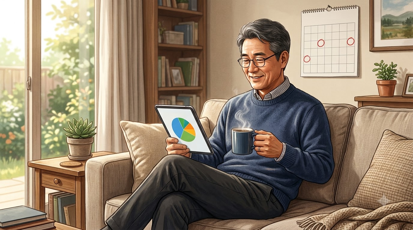 휴일 아침 거실 소파에서 커피를 들고 연금계좌 화면과 달력을 보는 50대 아빠]