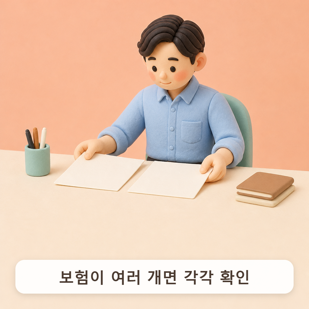 회사 책상에서 단체보험 안내문과 증권을 나란히 놓고 보는 직장인