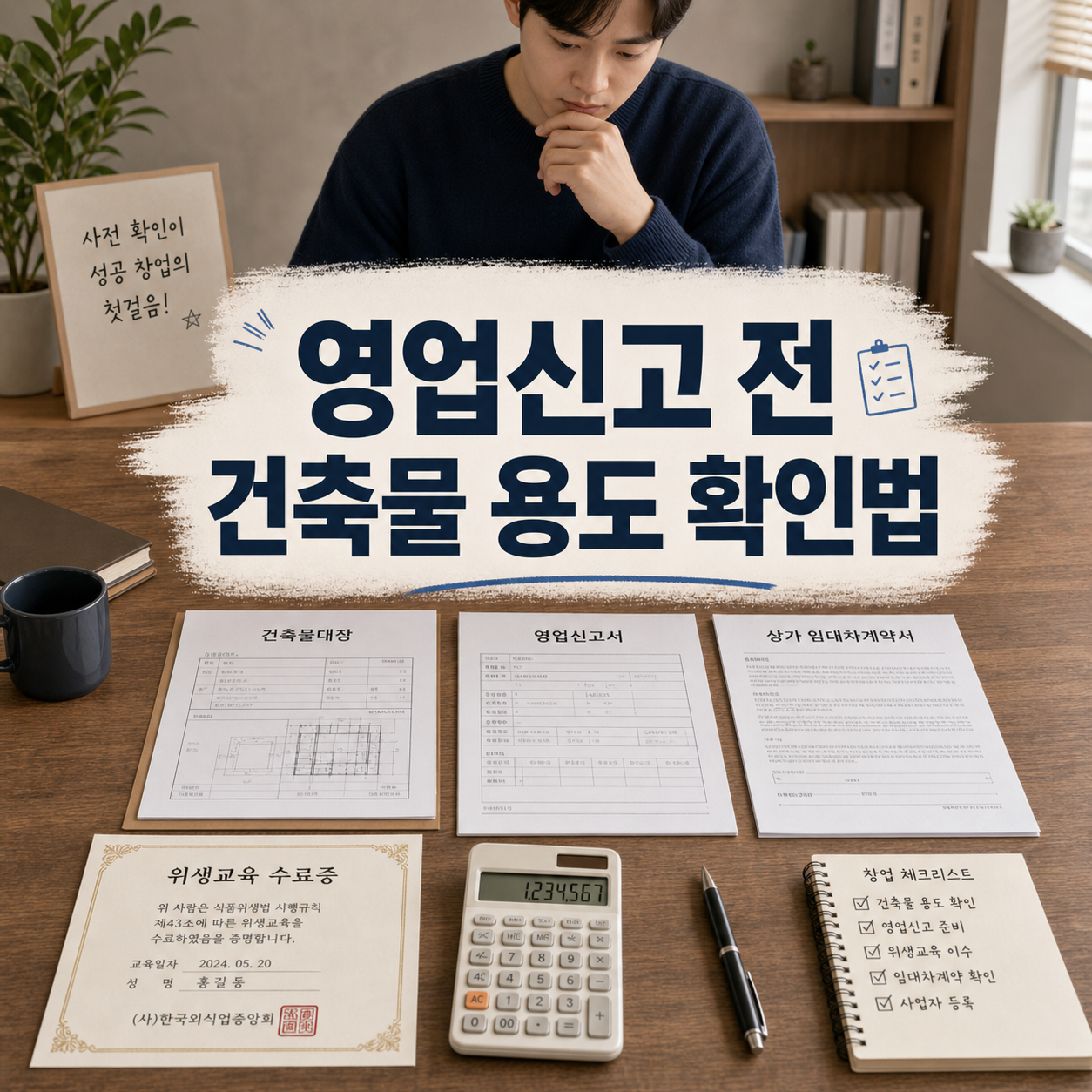 영업신고 전 건축물대장과 상가 용도, 음식점 창업 가능 여부를 확인하는 예비 창업자 이미지