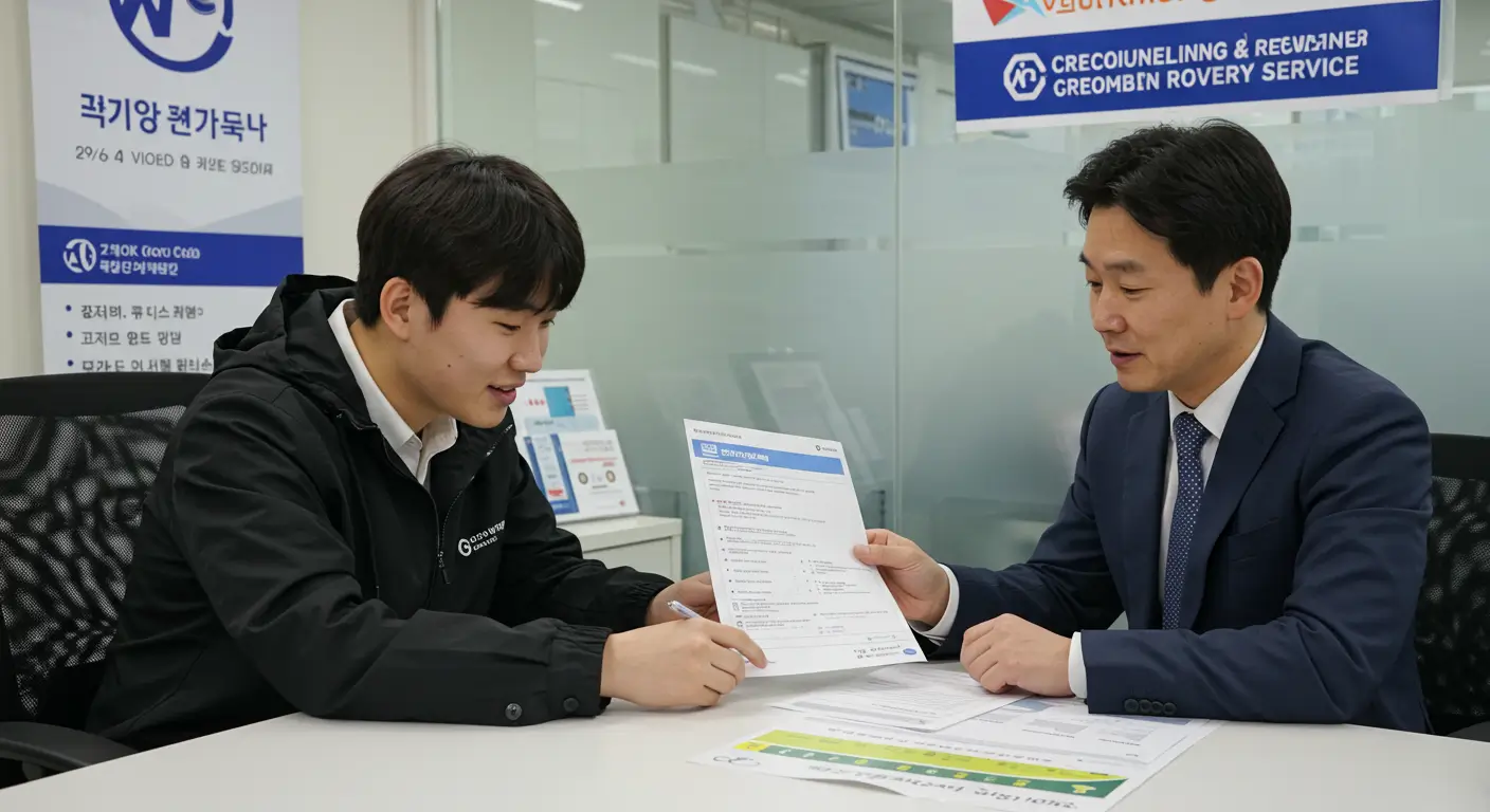 신용회복위원회에서 전문가와 함께 채무조정 상환 계획을 보며 안도하는 모습