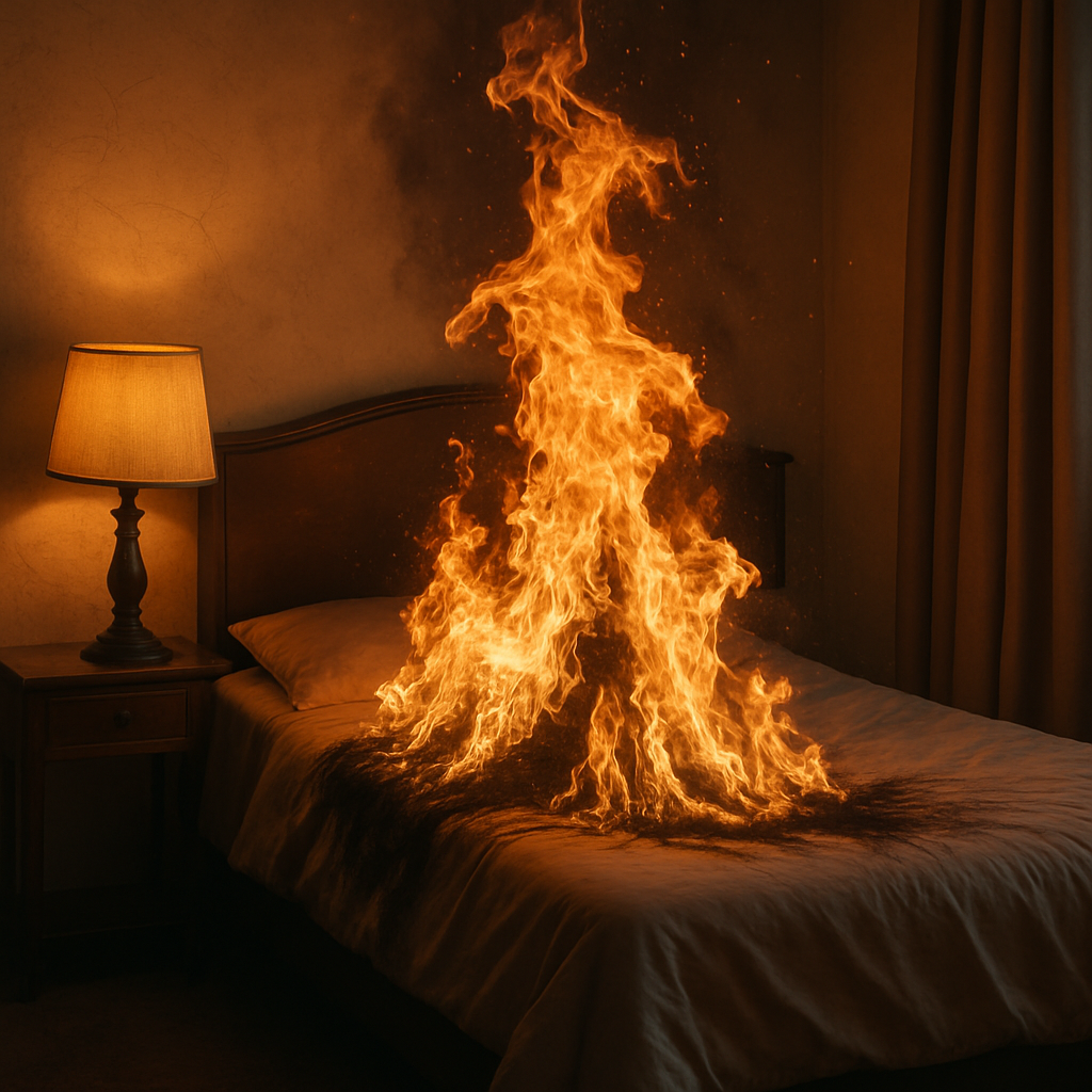 불나는 꿈 불타는 침대가 있는 어두운 방 내부의 강렬한 화재 장면