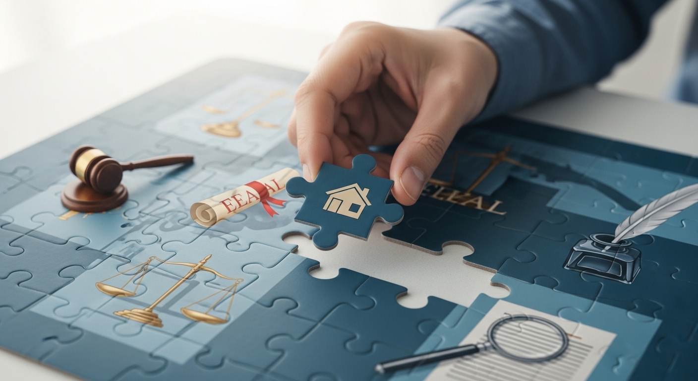 법률 상징 조각들을 맞춰 완성된 퍼즐처럼 상속 계획을 성공적으로 마무리하며 안도하는 손.
