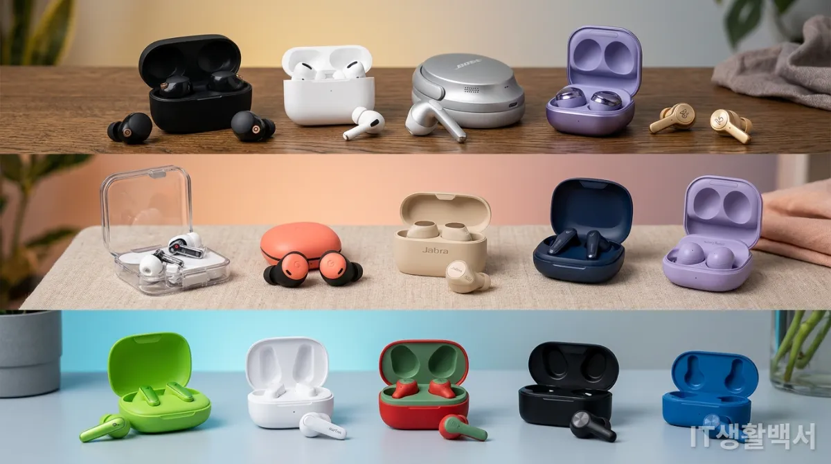 가격대별 다양한 무선 이어폰 모델을 보여주는 콜라주