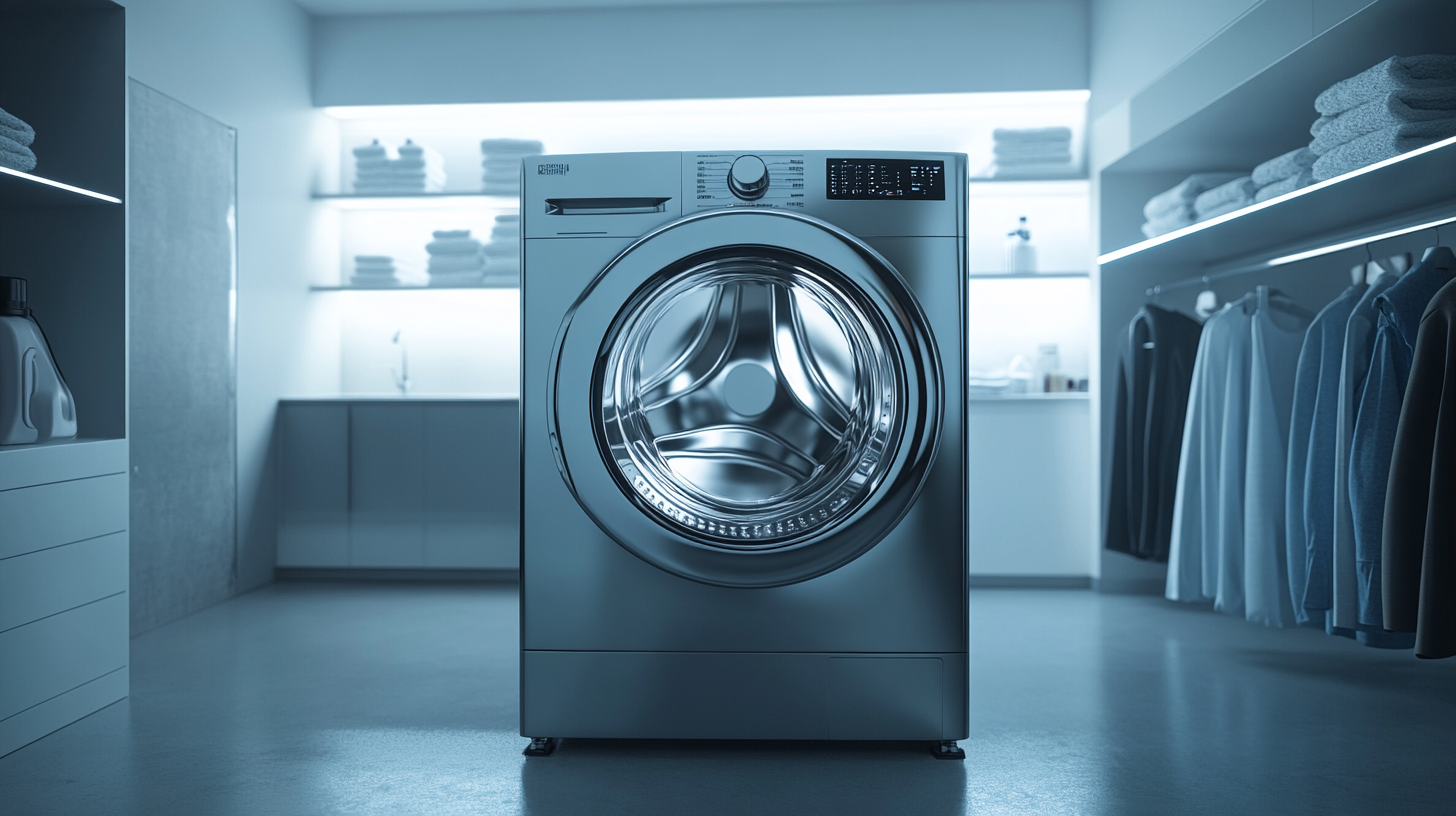 미니멀한 세탁실에 있는 모던한 드럼 세탁기로, 부드러운 조명이 비추어져 아늑한 분위기를 연출하고 있습니다.