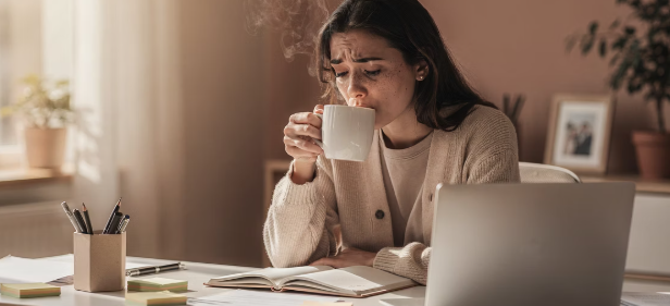 사무실에서 커피 마시는 피곤한 여성