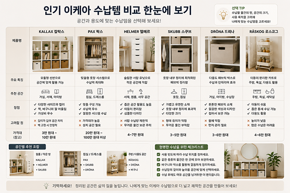 이케아 수납템 비교 가이드, 칼락스·팍스·헬메르·스쿠브·드뢰나·라스코그 활용법과 추천 공간 정리