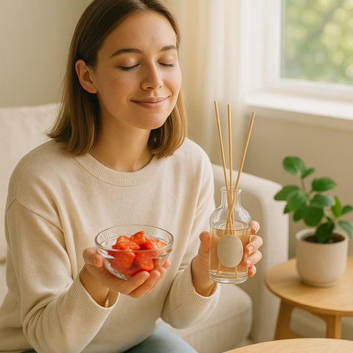 헬시 플레저 루틴으로 건강 간식과 향기 루틴을 실천하는 여성