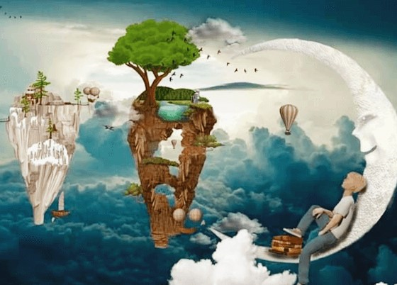 소년이 꿈 꾸는 장면으로 초승달에 소년이 앉아있고 푸른 나무 아래 풍선기구가 떠다닌다.