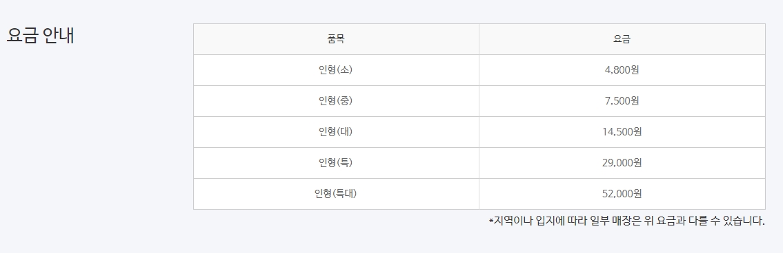 인형 크기별 세탁 가격표