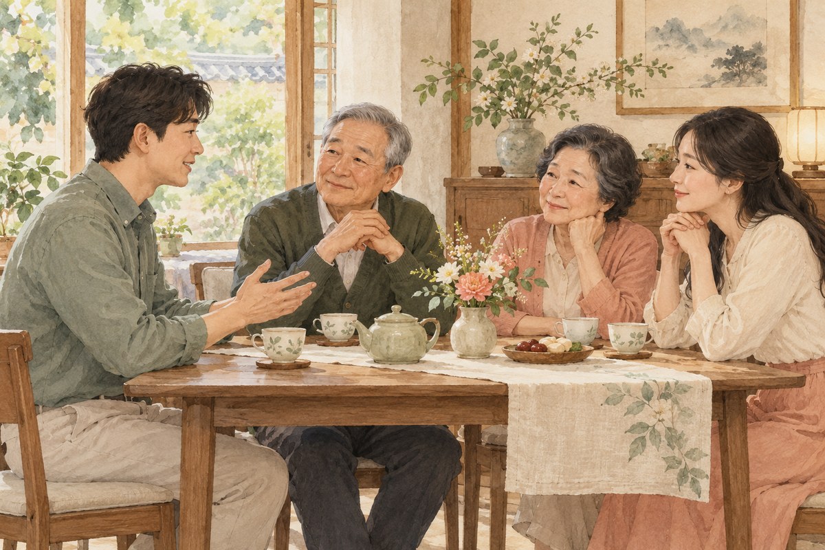 생신을 맞은 부모님께 감사의 말을 전하는 가족