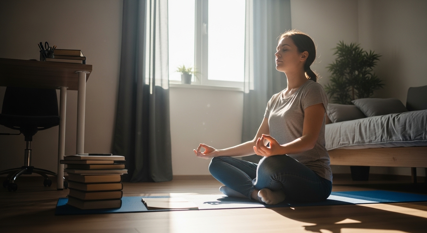 공부를 마친 후 방 안에서 명상을 하며 정신적 휴식을 취하는 사람의 모습