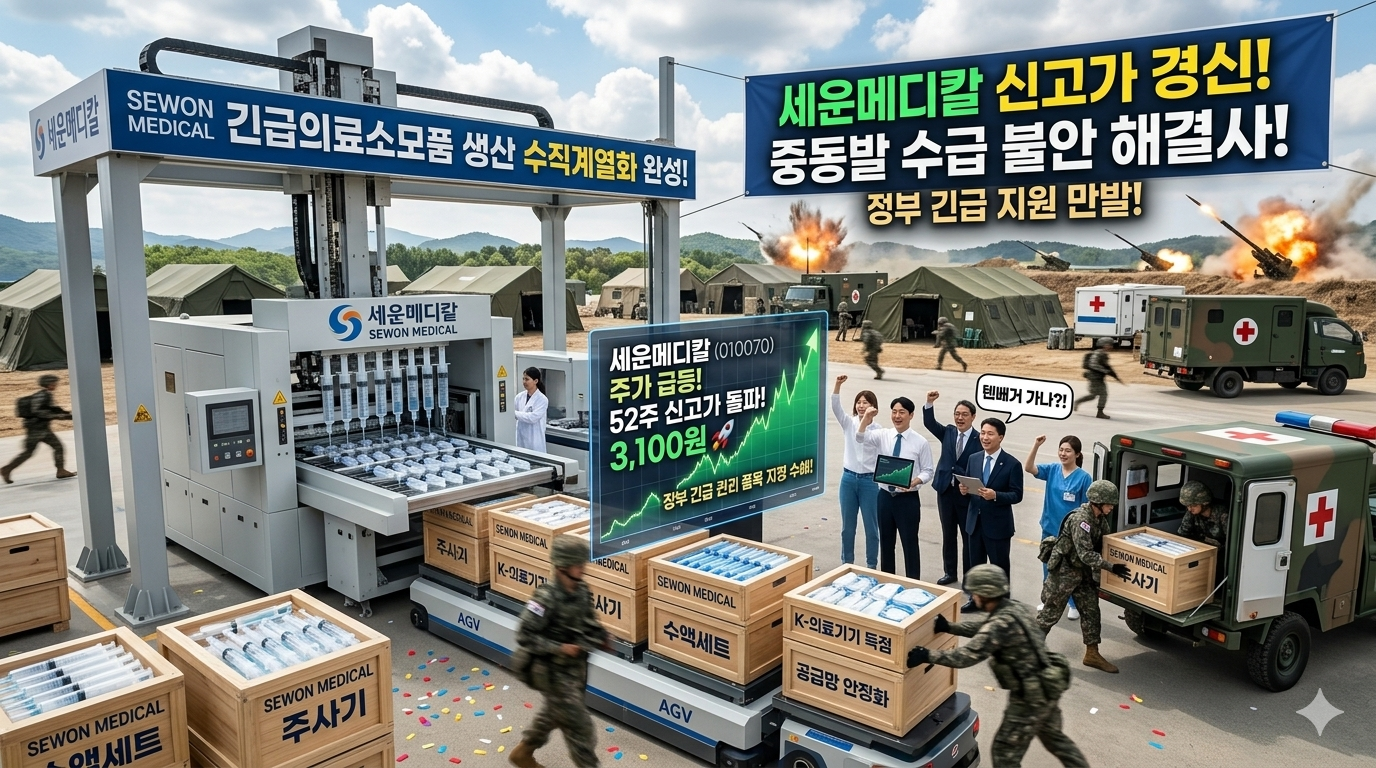 세운메디칼(010070)의 주가가 3,100원을 돌파하며 52주 신고가를 기록한 그래프가 화면 중앙에 배치된 블로그 썸네일. 상단에는 "세운메디칼 신고가 경신! 중동발 수급 불안 해결사! 정부 긴급 지원 만발!"이라는 강조 문구가 적힌 파란색 대형 현수막이 걸려 있다. 배경으로는 주사기와 수액 세트를 싣고 이동하는 자동화 로봇(AGV)과 이를 바쁘게 옮기는 군인들, 그리고 의료용 텐트와 구급차가 배치되어 중동 지역의 긴급한 의료 소모품 수급 상황과 세운메디칼의 국내 생산 및 공급 능력을 상징적으로 보여주고 있다.