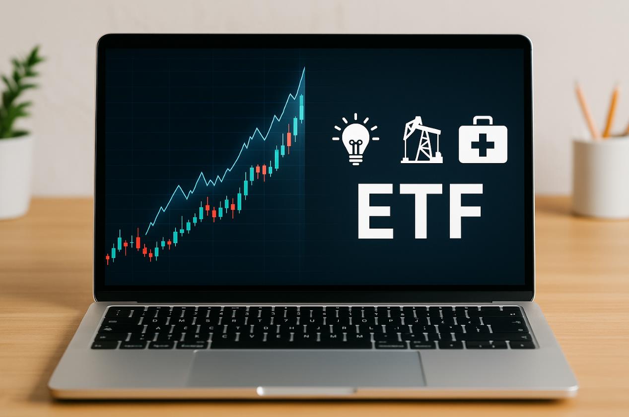 주식 차트 화면 옆에 IT, 에너지, 헬스케어와 같은 다양한 산업 아이콘이 함께 표시된 노트북