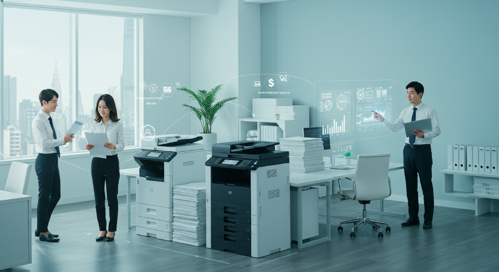 다양한 업무 환경에 맞춰 컬러 및 흑백 레이저 프린터를 스마트하게 선택하는 방법을 보여주는 현대적인 사무실 풍경