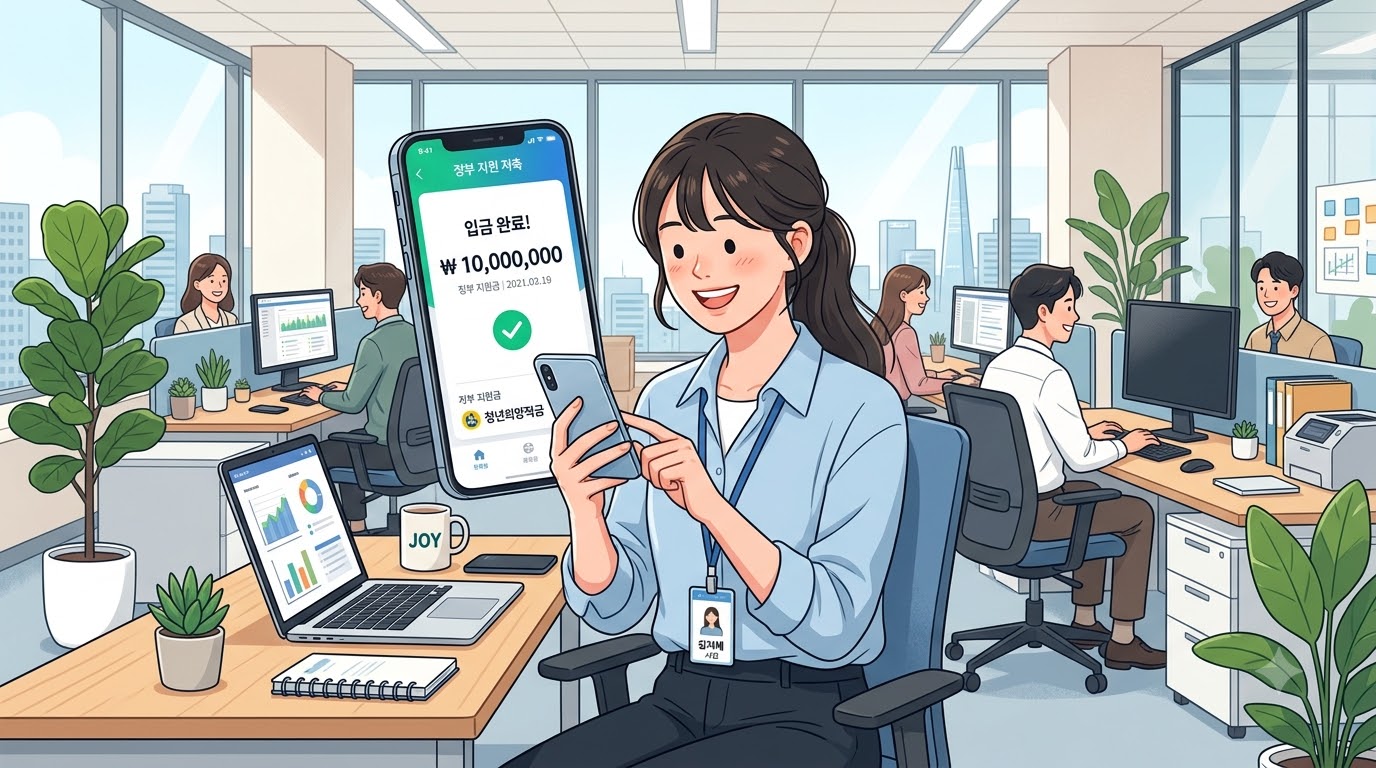 스마트폰으로 정부지원금을 확인하고 기뻐하는 청년의 모습