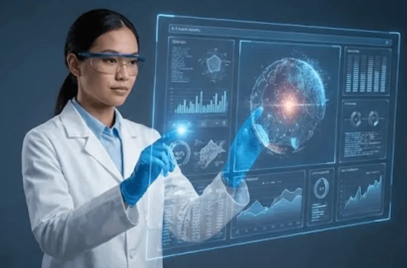 과학자, 개발자, 데이터 분석가, 콘텐츠 크리에이터 등 다양한 분야의 전문가들이 제미나이 3.1 Pro를 활용하여 협업하는 모습을 보여주는 디지털 워크스페이스 이미지. 각 직업군이 AI를 통해 업무 효율을 높이는 구체적인 사례를 시각적으로 표현함.