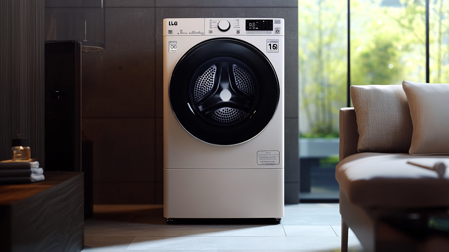 LG 워시타워의 에코 하이브리드 건조기가 정교한 가정 환경에 잘 어울리며 견고하지만 심플한 디자인을 강조하는 이미지입니다.