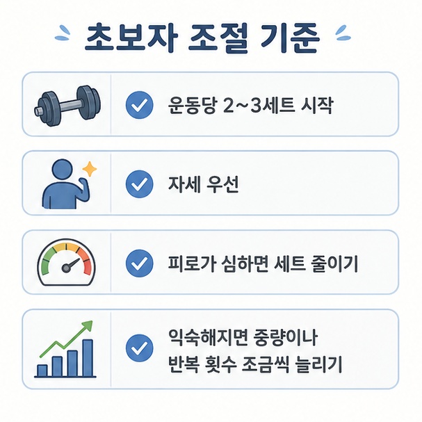 운동당 2~3세트로 시작하기, 자세 우선, 피로가 심하면 세트 줄이기, 익숙해지면 중량이나 반복 횟수 늘리기 등 초보자 조절 기준을 정리한 그림