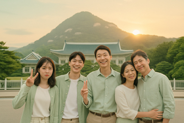 청화대관람 후 청화대 출입구에서 촬영하는 5인 가족 모습