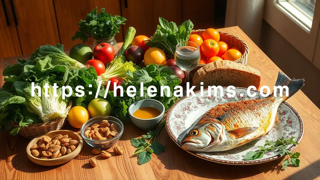 따뜻한 햇살 아래, 신선한 녹색 채소, 다채로운 과일, 고소한 통곡물 빵, 올리브 오일, 견과류, 구운 생선이 깔끔하게 정돈된 나무 식탁. 건강하고 풍요로운 식단을 통해 콜레스테롤을 낮추는 라이프스타일을 시각적으로 강조한 모습.