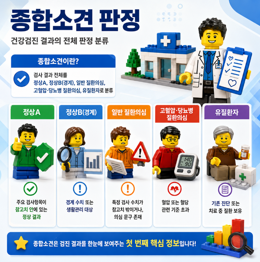 건강검진 종합소견에서 정상A, 정상B, 일반 질환의심, 고혈압&middot;당뇨병 질환의심, 유질환자 판정을 비교한 인포그래픽
