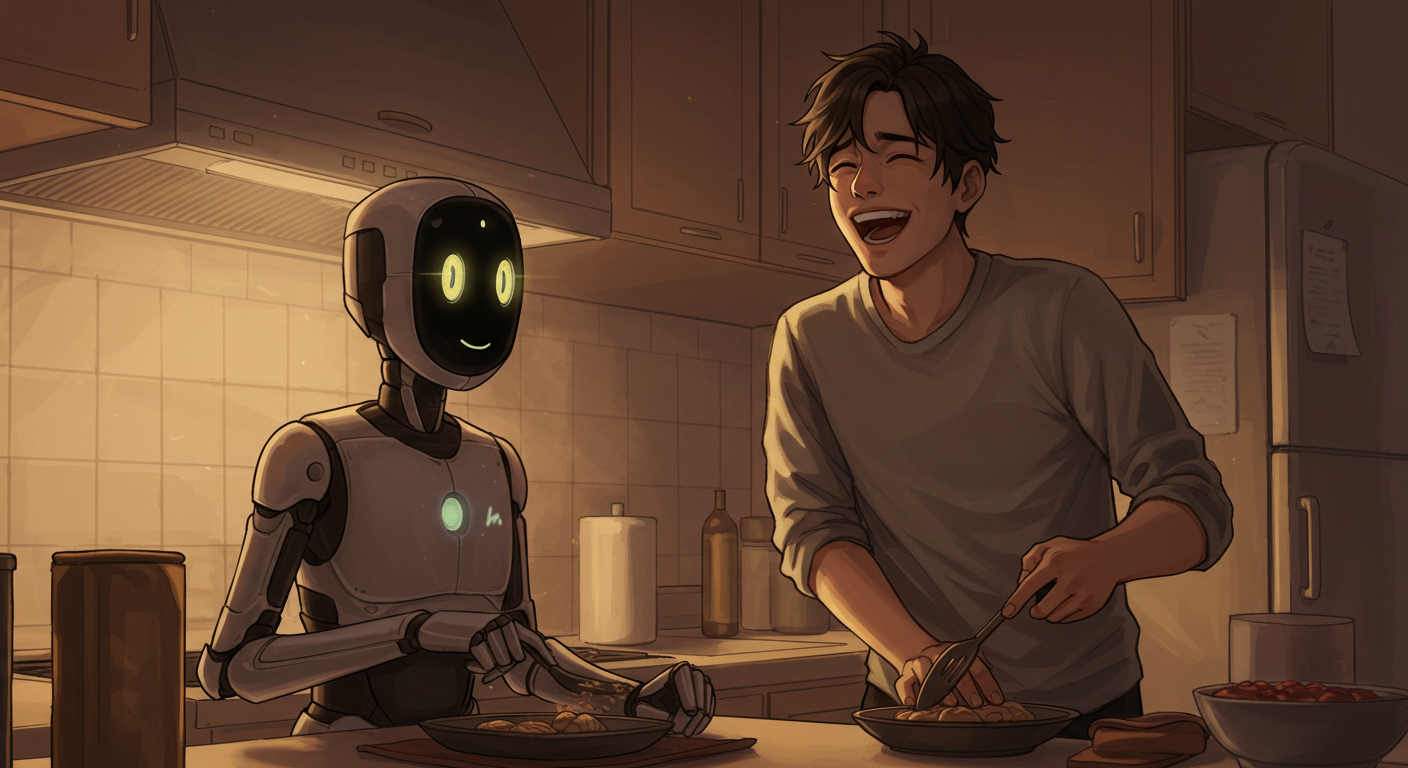 AI와 함께하는 하루를 감성적으로 묘사한 일러스트