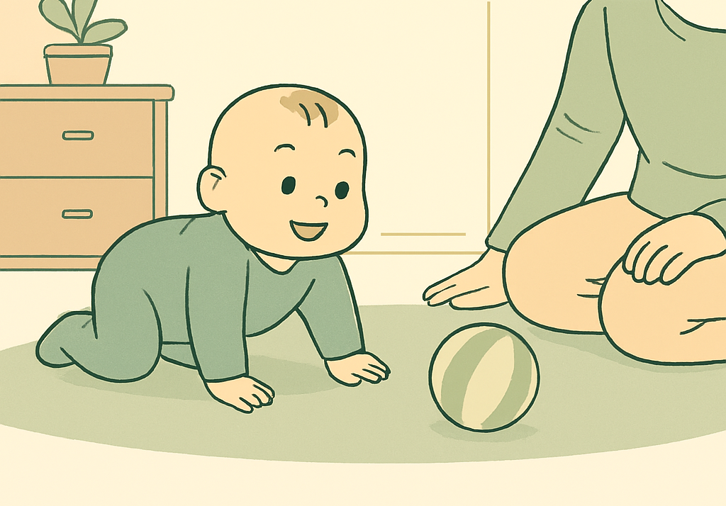 아기가 보호자의 옆에서 안전한 환경 속에서 탐색 놀이를 하는 모습