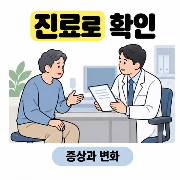 환자가 의료진과 대화하며 기록된 증상과 기능 변화를 확인하는 진료 장면