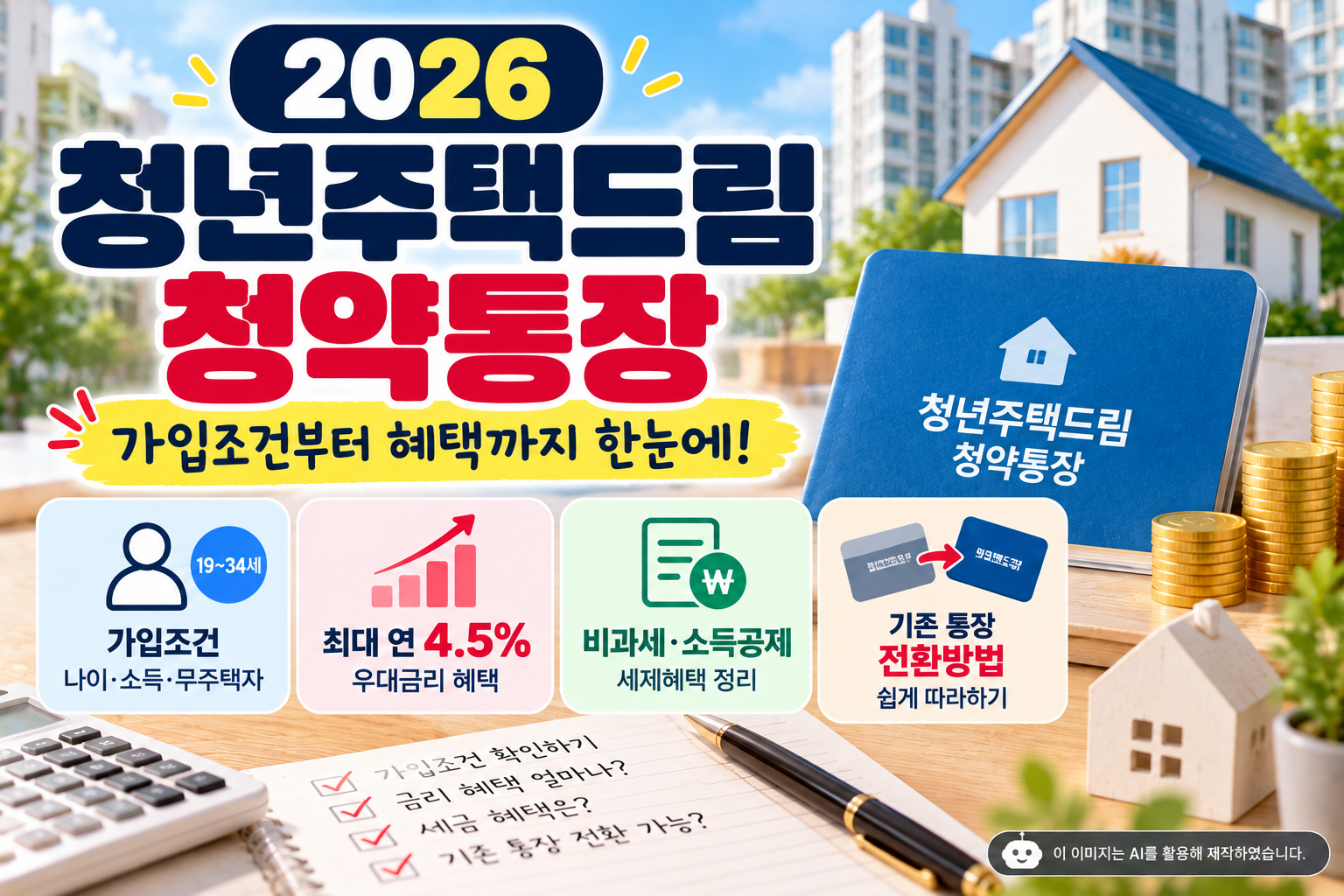 2026 청년주택드림 청약통장 가입조건 연소득 5000만원 이하 최대 연 4.5% 금리 비과세 소득공제 기존 청약통장 전환방법