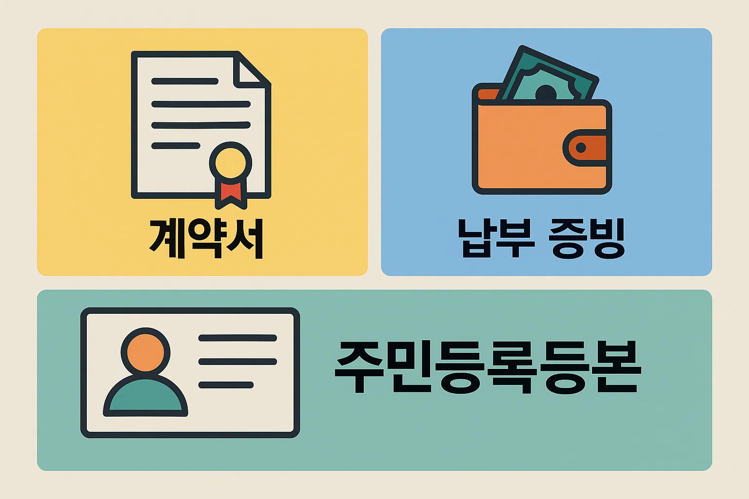 월세 세액공제 신청 시 필요한 임대차 계약서, 월세 납부 증빙 자료, 주민등록등본 등 필수 서류를 빠짐없이 정리한 안내 이미지입니다