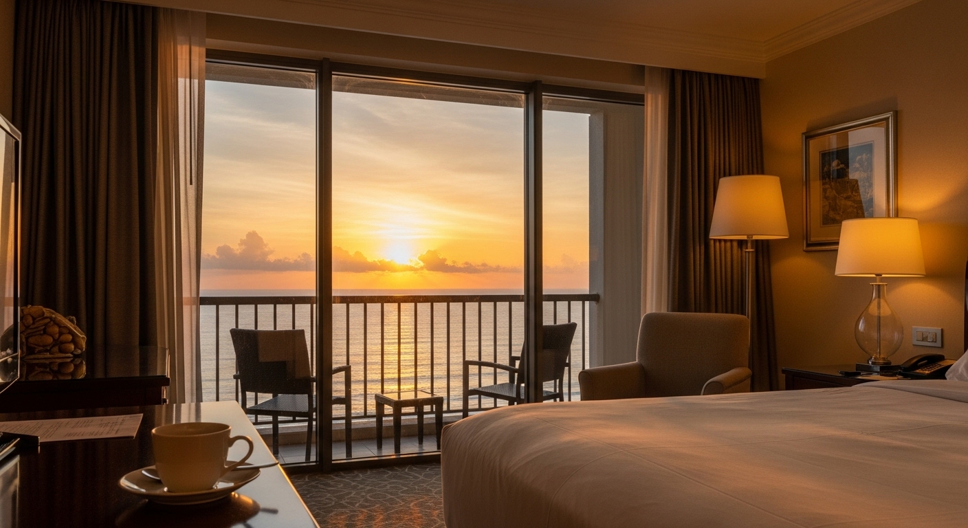 오션뷰 호텔 객실에서 따뜻하게 바라보는 웅장한 해돋이. 아늑한 실내에서 편안하게 새해 첫 일출을 감상하는 모습.