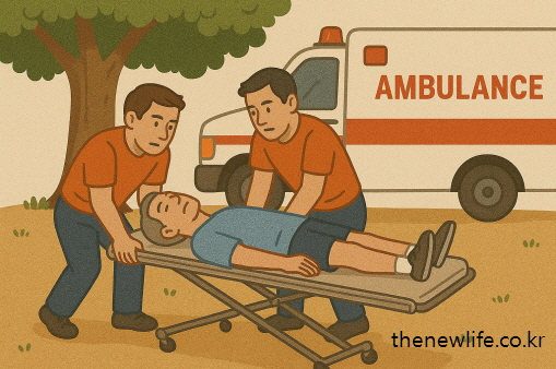Two paramedics are transporting a middle-aged man on a stretcher into an ambulance after a heatstroke emergency under a tree. / 열사병 응급 상황 후, 두 명의 구조대원이 나무 아래에서 쓰러진 중년 남성을 들것에 실어 앰뷸런스로 이송하는 모습/열사병과 일사병의 차이 설명 이미지