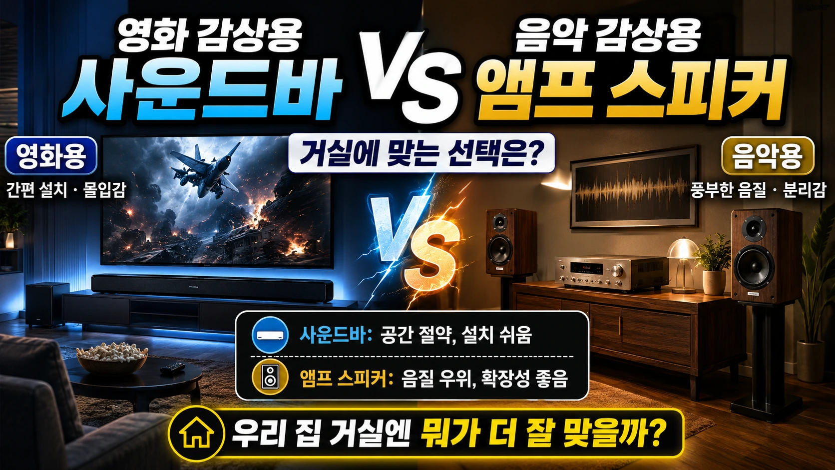 영화 감상용 사운드바 vs 음악 감상용 앰프 스피커 거실에 맞는 선택은