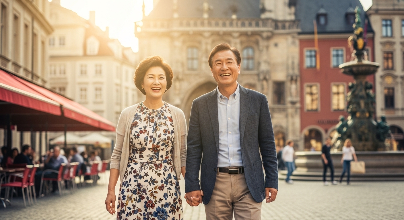 50대 부부가 은퇴 후 유럽 여행을 하며 여유롭게 미소 짓는 모습