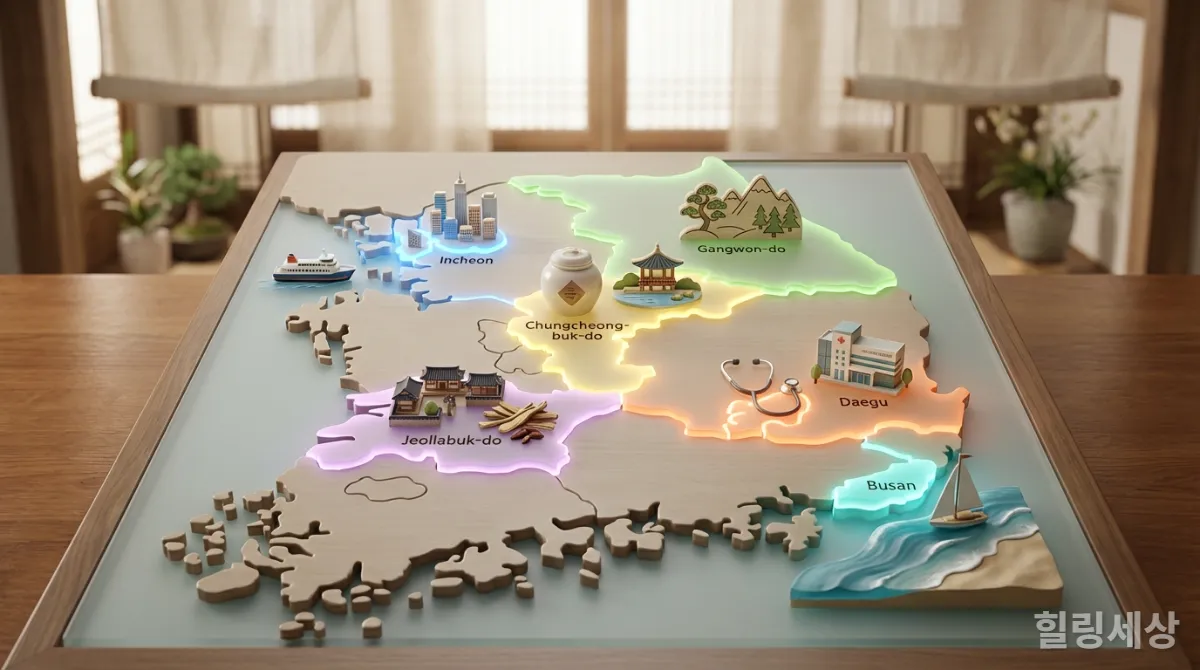 2026년 선정된 국내 웰니스 관광 클러스터 6곳을 보여주는 한국 지도 인포그래픽