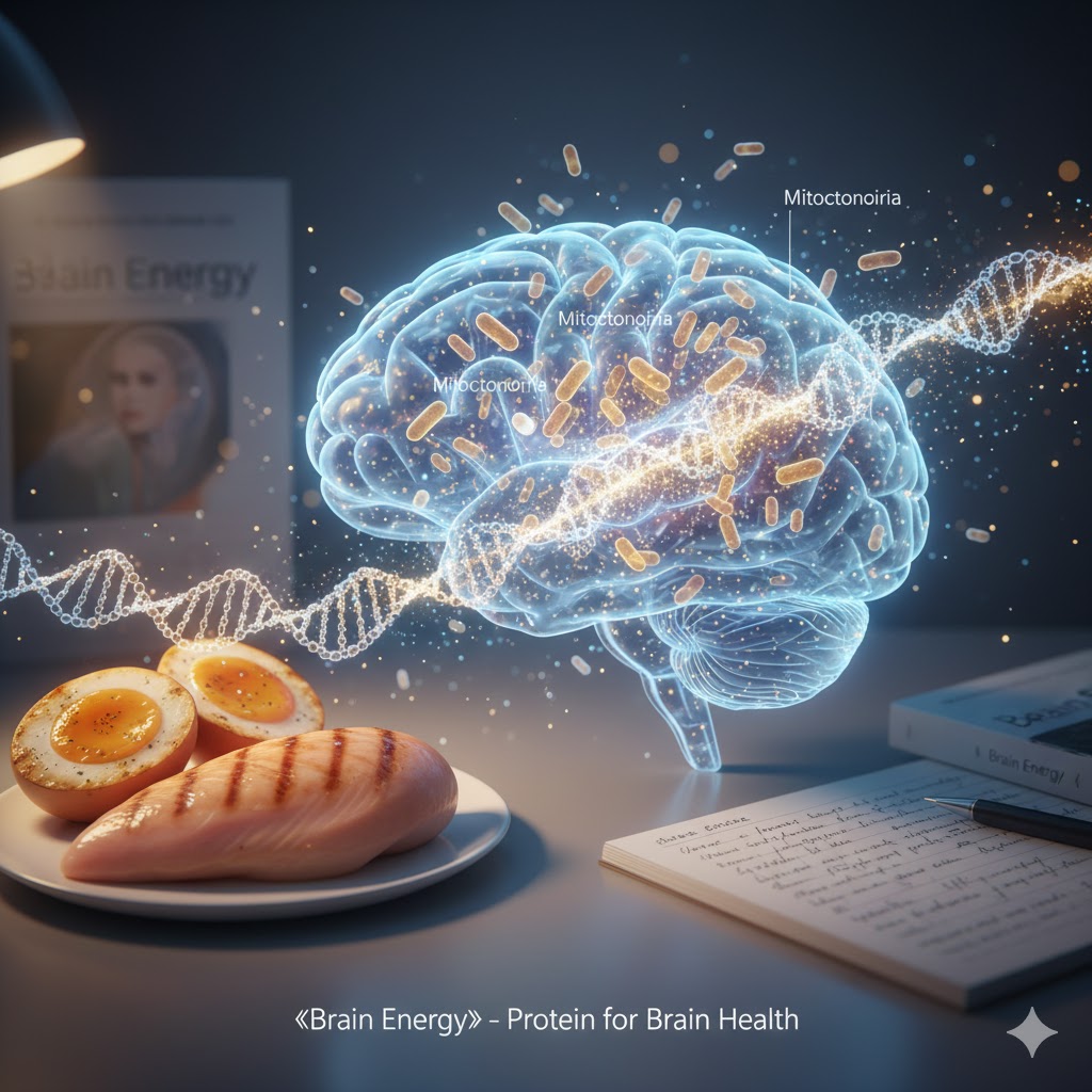 크리스 팔머 박사의 저서 『브레인 에너지』를 배경으로, 인간의 뇌 속에서 미토콘드리아가 에너지를 생성하는 모습을 시각화한 그래픽 이미지. 뇌 주위에는 DNA 구조와 에너지 입자들이 활성화되어 있으며, 책상 위에는 건강한 단백질 공급원인 구운 달걀과 고기 식단, 그리고 뇌 건강을 위한 기록이 담긴 노트가 놓여 있어 뇌 대사 치유와 영양 섭취의 중요성을 보여준다.