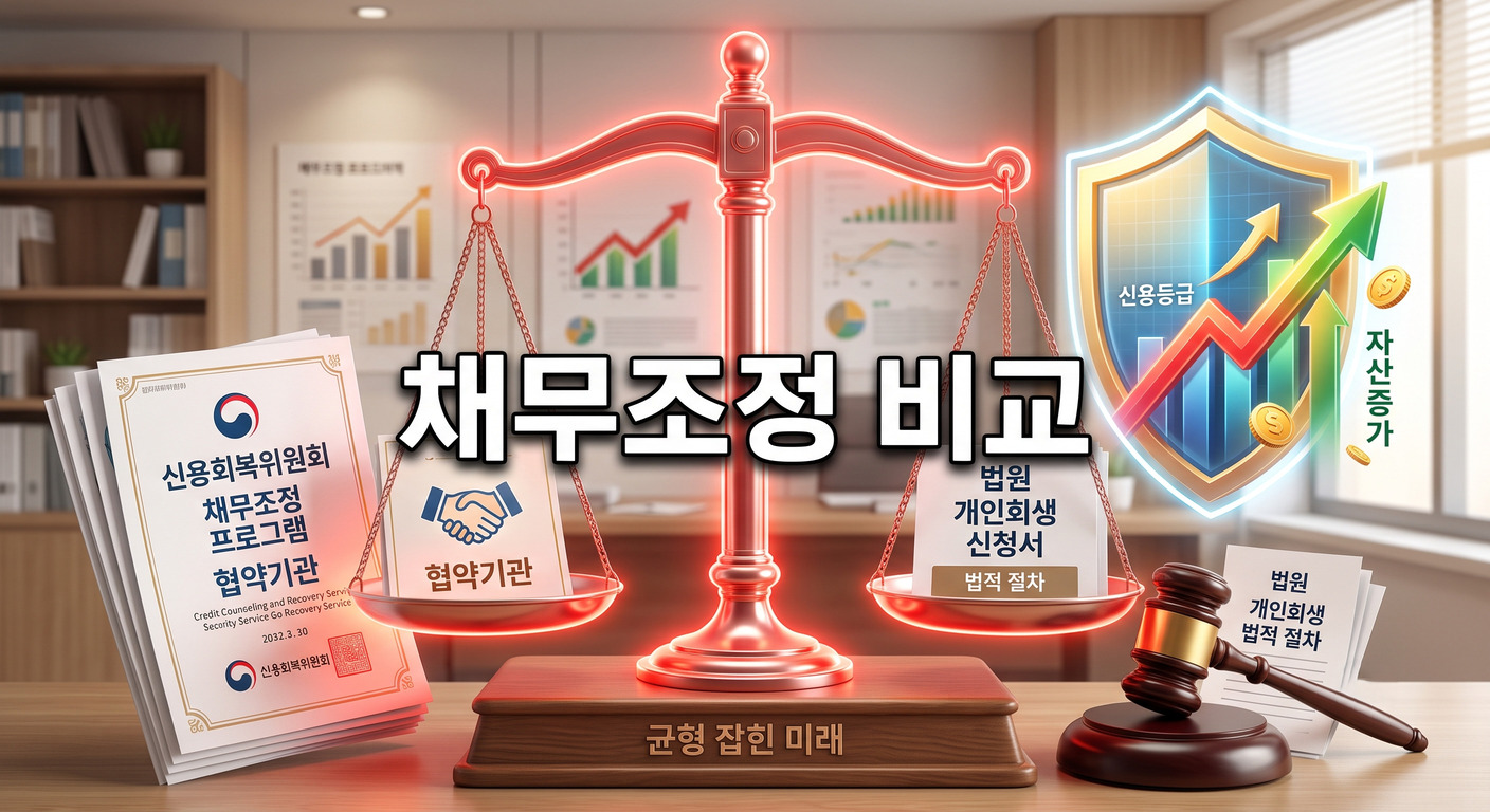 붉은색 저울 양팔에 신용회복위원회를 뜻하는 문서와 법원 개인회생을 상징하는 법봉이 놓여 균형을 이루고 있으며, 뒤로는 금융적 재기를 의미하는 상승 그래프가 빛나는 방패의 보호를 받는 3D 일러스트 배경에, 짙은 그림자와 외곽선으로 선명하게 강조된 '채무조정 비교'라는 한글 문구가 중앙에 적힌 이미지