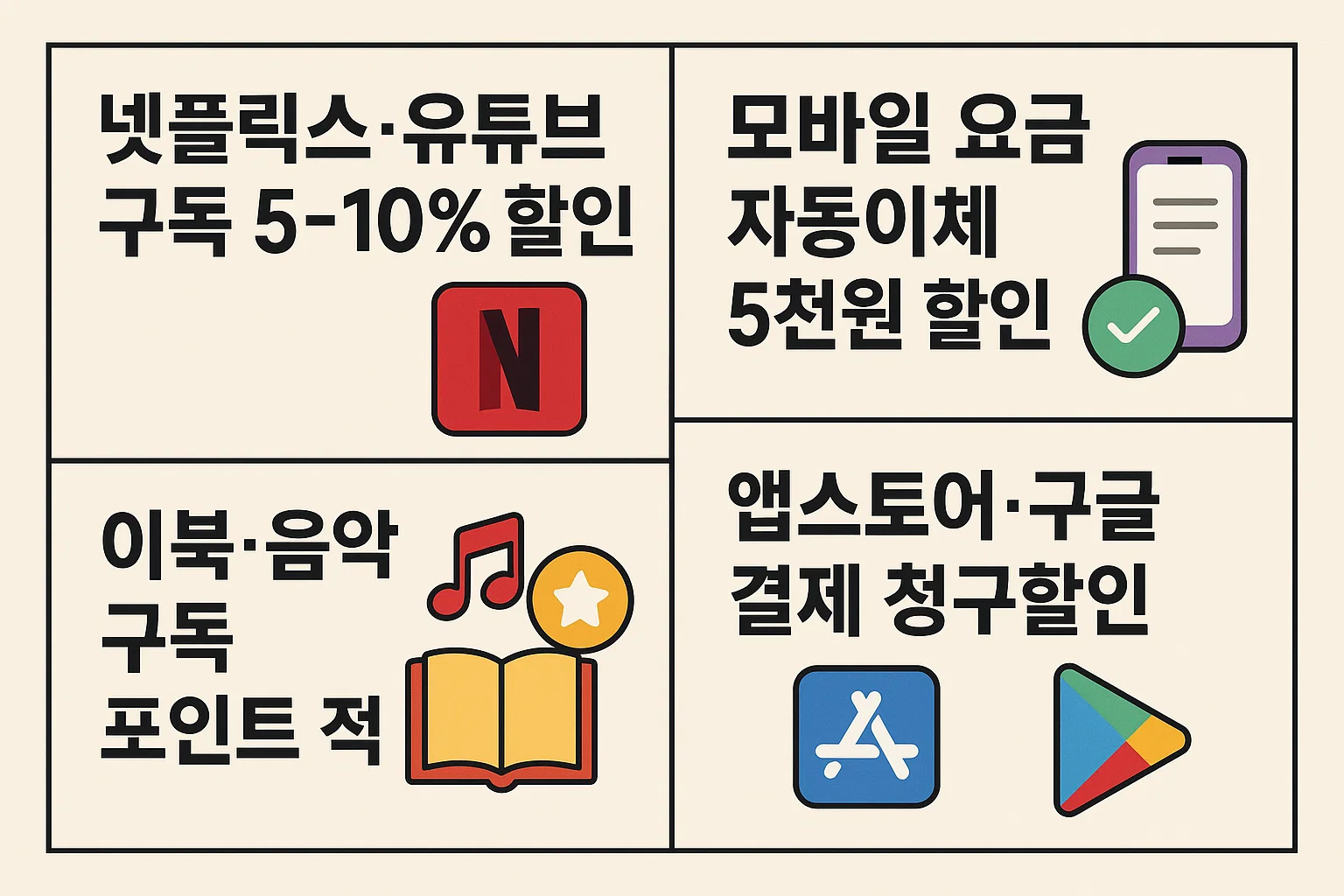 넷플릭스·유튜브 구독 5~10% 할인, 모바일 요금 자동이체 5천원 할인, 이북·음악 구독 포인트 적립, 앱스토어·구글 결제 청구할인 등 2025년 신용카드 구독 혜택을 시각적으로 정리한 인포그래픽.