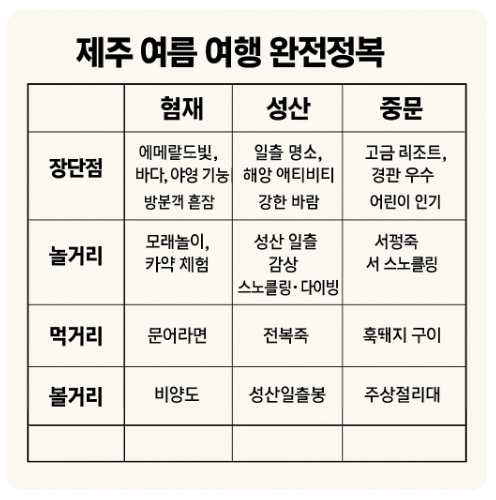 제주여름 완전정복 장단점, 놀거리, 먹거리, 볼거리 표로 된 이미지