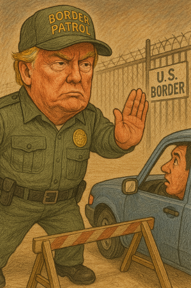 트럼프가 국경에서 경비를 서는 캐리커쳐