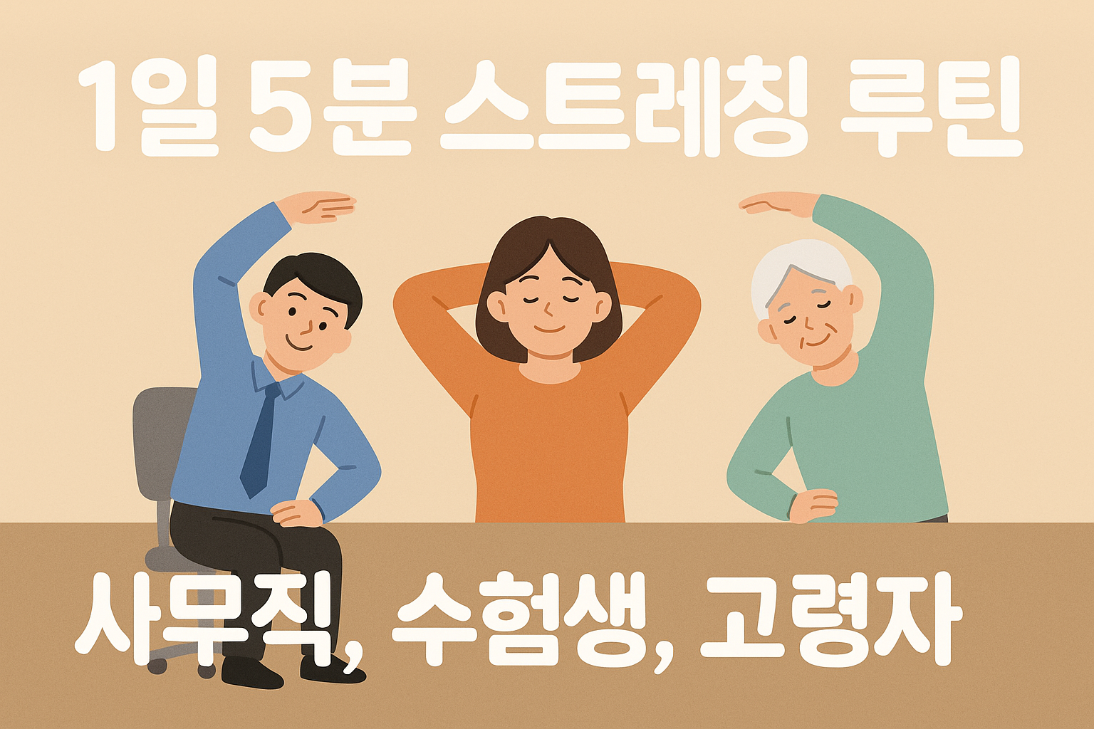 사무직, 여성, 고령자가 스트레칭을 하는 그림과 이에 대한 설명